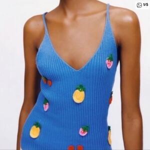 Zara Blue Ribbed Fruits Cami Tank Top Small Knit Cherries Strawberry Pineapple